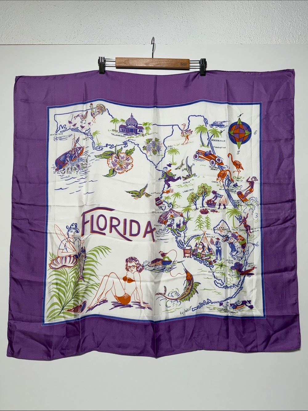 Florida Illustrated Souvenir Scarf in Purple and White 100% Silk New